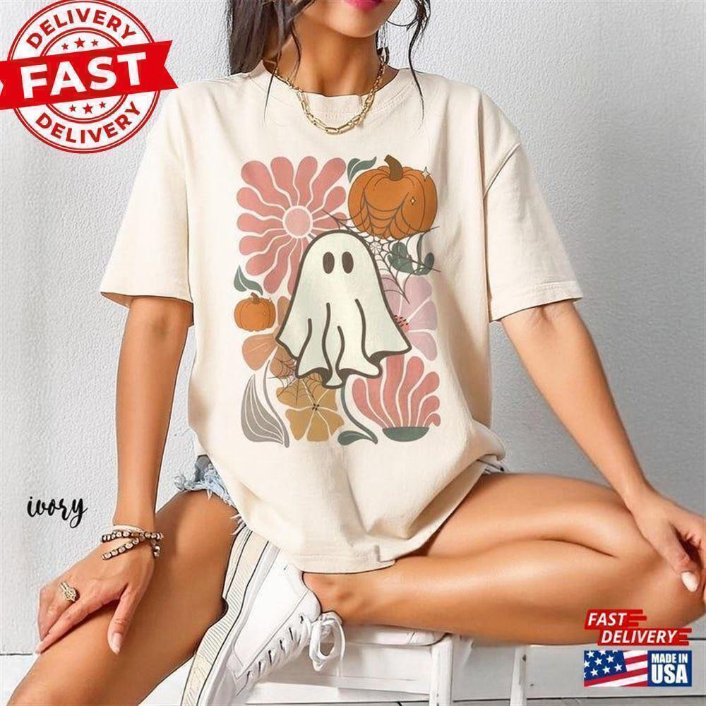 Floral Ghost Halloween Pumpkin Boho Spooky Season T-Shirt